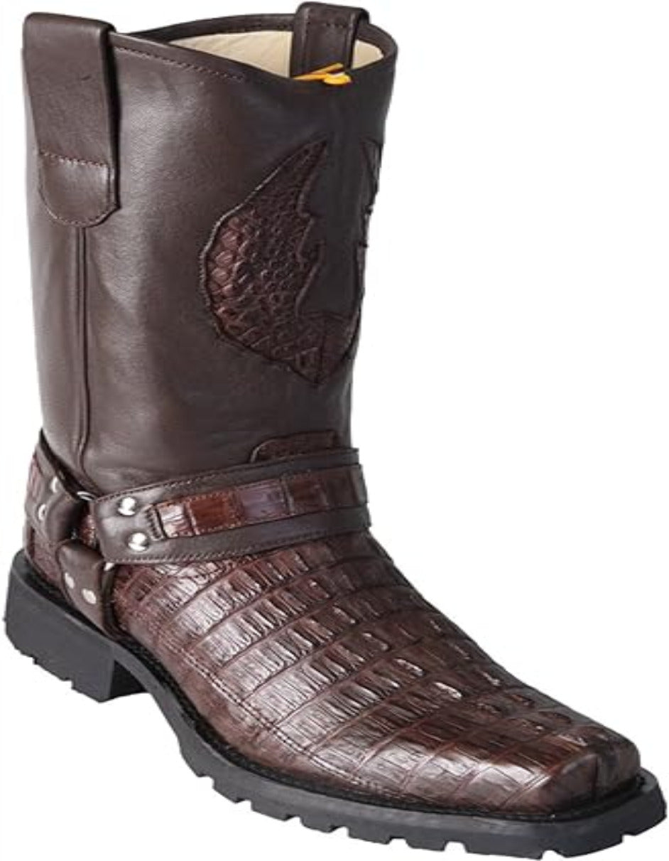 Men's Biker Design Genuine Leather Caiman Tail Western Boots with Industrial Sole - 6 Wide