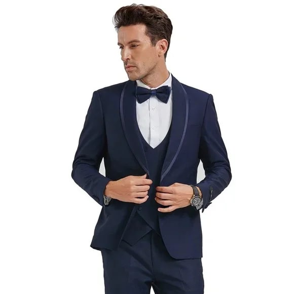 New Tazio Birdseye Textured Blue Tuxedo | Shawl Collar Satin Trim 3-Piece - 38 Short Jacket+32 Waist Adjustable 28to34)(Height: 5 4 to5 7 )(Neck  15-16.5)S-M)