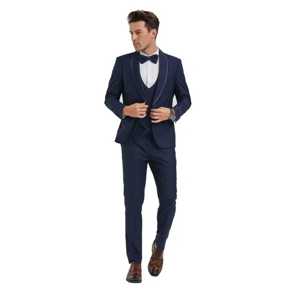 New Tazio Birdseye Textured Blue Tuxedo | Shawl Collar Satin Trim 3-Piece