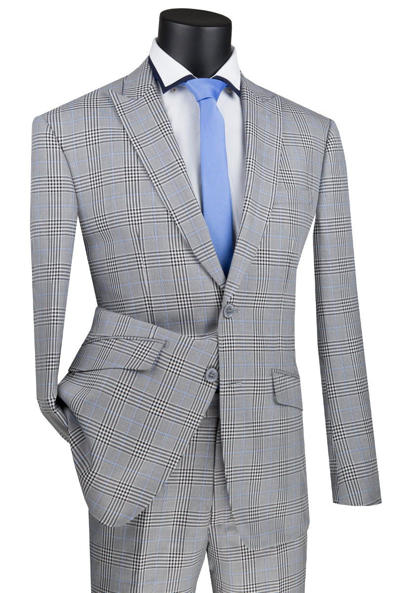 Mens Fit Peak Lapel Glen Plaid Suit in Grey - 42 Short