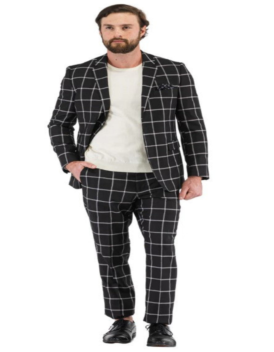 Mens Plaid Suits - Windowpane Pattern With Vest -Business Suit Black - Coat Size 38