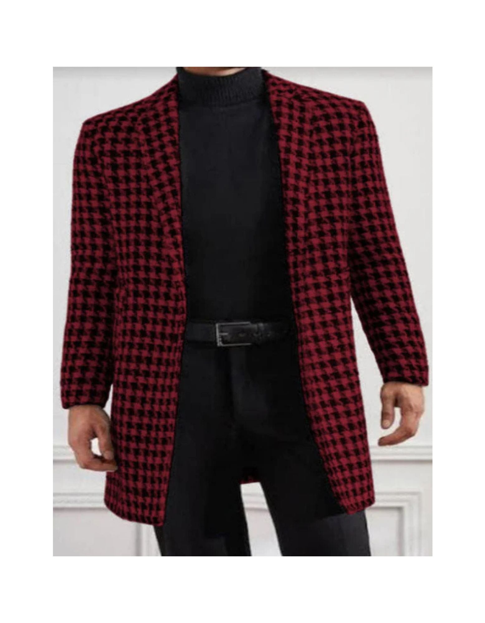 Men Houndstooth Lapel Collar Single Breasted Tweed Overcoat Black and Burgundy - Coat Size 38