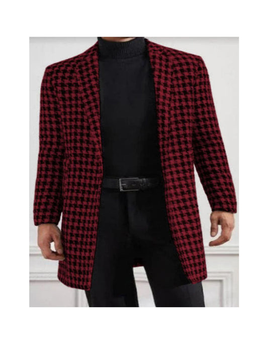 Men Houndstooth Lapel Collar Single Breasted Tweed Overcoat Black and Burgundy