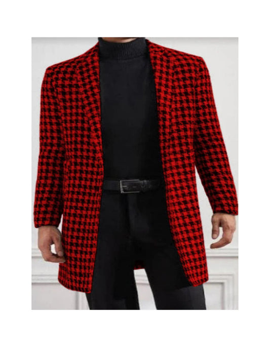 Men Houndstooth Lapel Collar Single Breasted Tweed Overcoat Black and Red