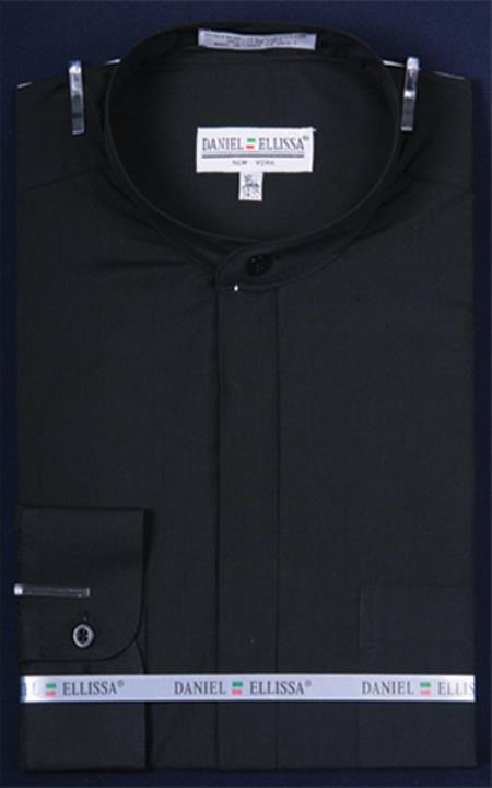 Banded Collar Without Collars Preacher Round Style Mandarin Collarless Black Men's Dress Shirt