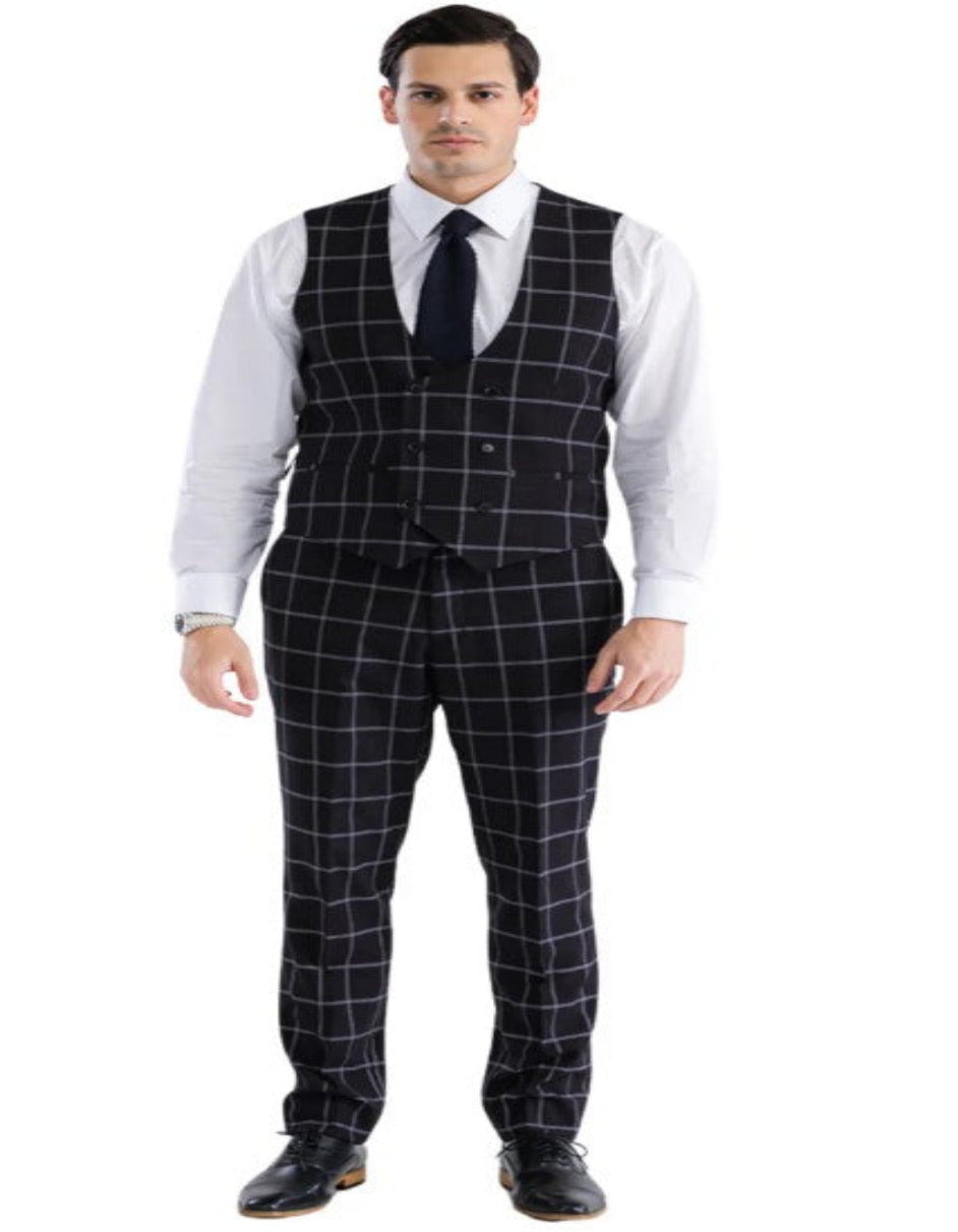 Mens Plaid Suit - Windowpane Pattern With Vest - Business Suit Black - Coat Size 38