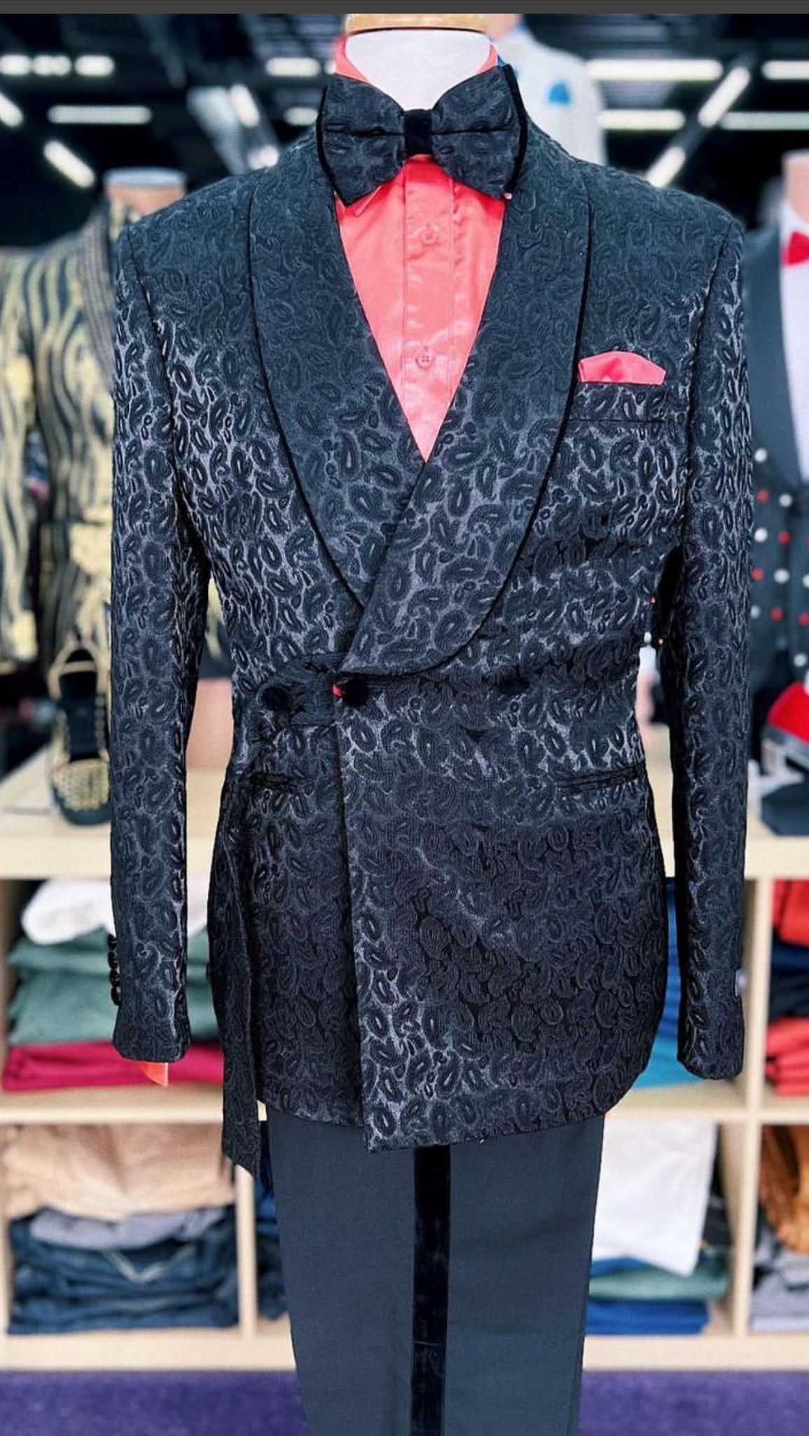 Mens Black Paisley Tuxedo Jacket with â€“ Elegant Formalwear Smoking Jacket - 34 Short or Extra Small