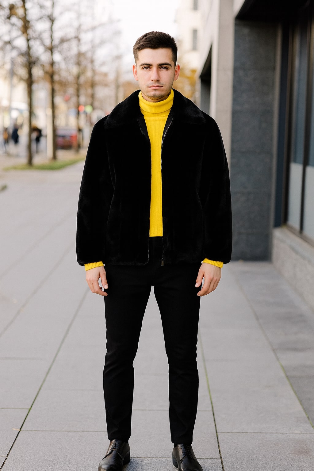 Mens Black Faux Fur Jacket â€“ Luxury Winter Zip-Up Coat with Soft Plush Finish - S