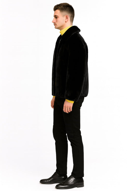 Mens Black Faux Fur Jacket Luxury Winter Zip-Up Coat with Soft Plush Finish