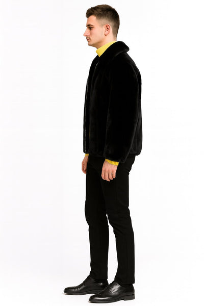 Mens Black Faux Fur Jacket Luxury Winter Zip-Up Coat with Soft Plush Finish