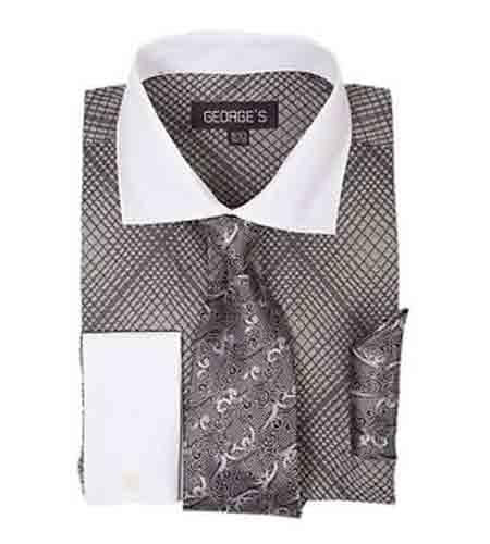 Mini Plaid/Checks French Cuff Black With Tie And Handkerchief White Collar Two Toned Contrast Men's Dress Shirt
