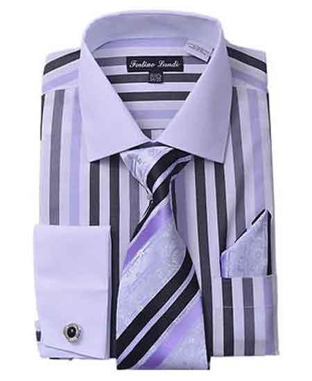 Classic Fit French Cuff Striped Black Shirt With Matching Tie And Hanky White Collar Two Toned Contrast Men's Dress Shirt - New Arrival