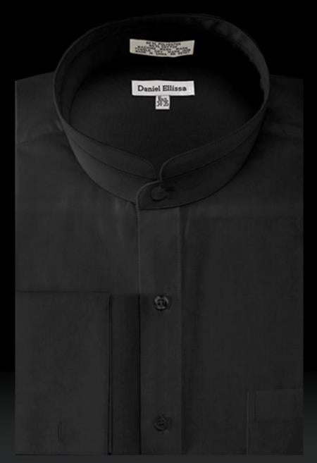 Solid Banded French Cuff Dress Mandarin Collarless Preacher Round Style Black Men's Dress Shirt - Small 14.5" Neck / 32-33" Sleeve