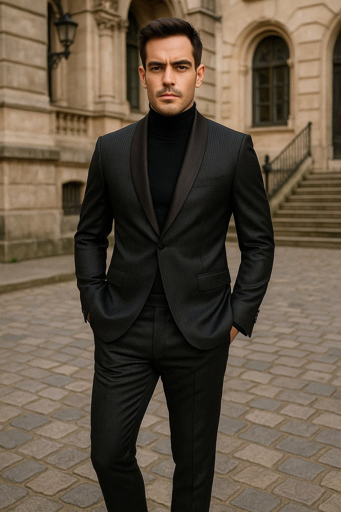 Mens Black Glitter Stripe Tuxedo with Satin Shawl Lapel â€“ Slim Fit Formal Party Suit