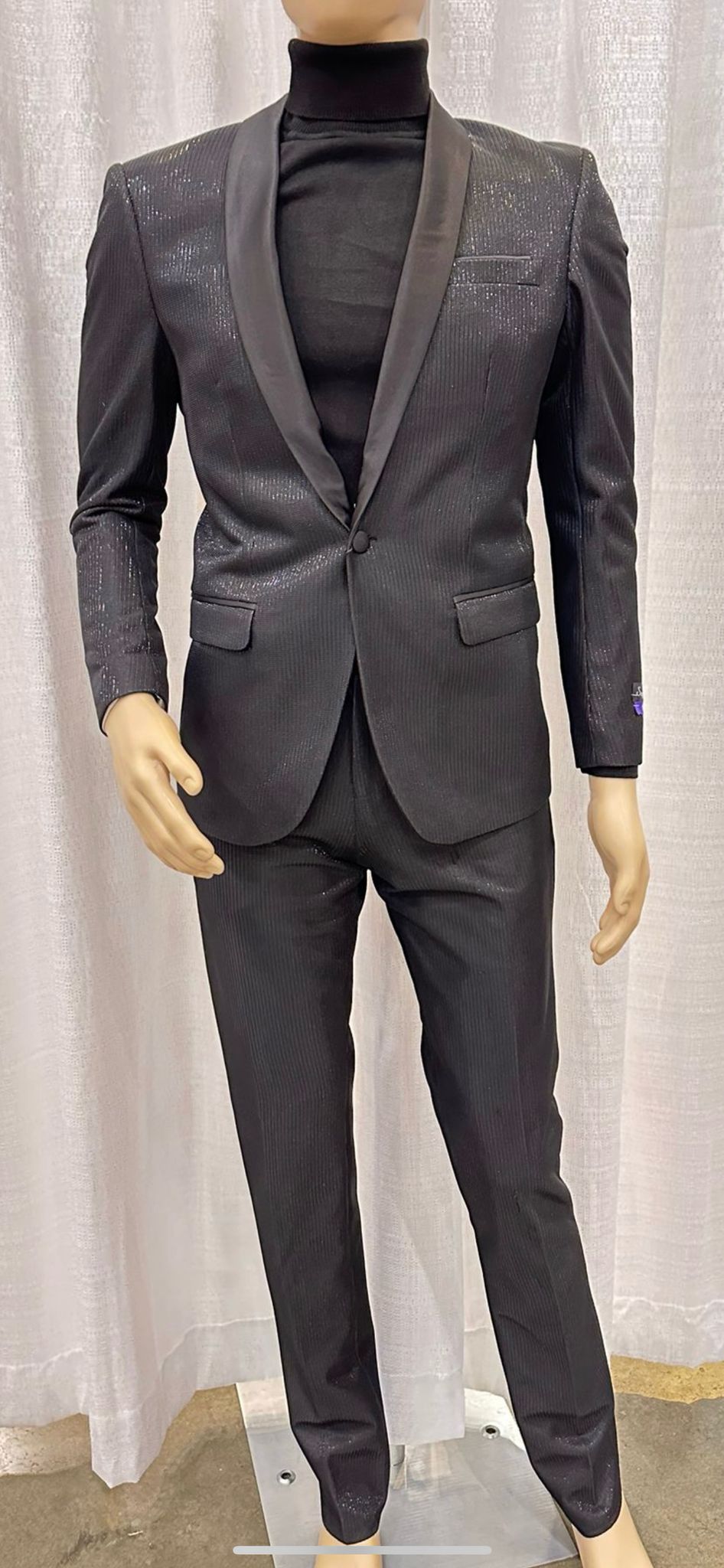 Mens Black Glitter Stripe Tuxedo with Satin Shawl Lapel â€“ Slim Fit Formal Party Suit - 34 Short or Extra Small