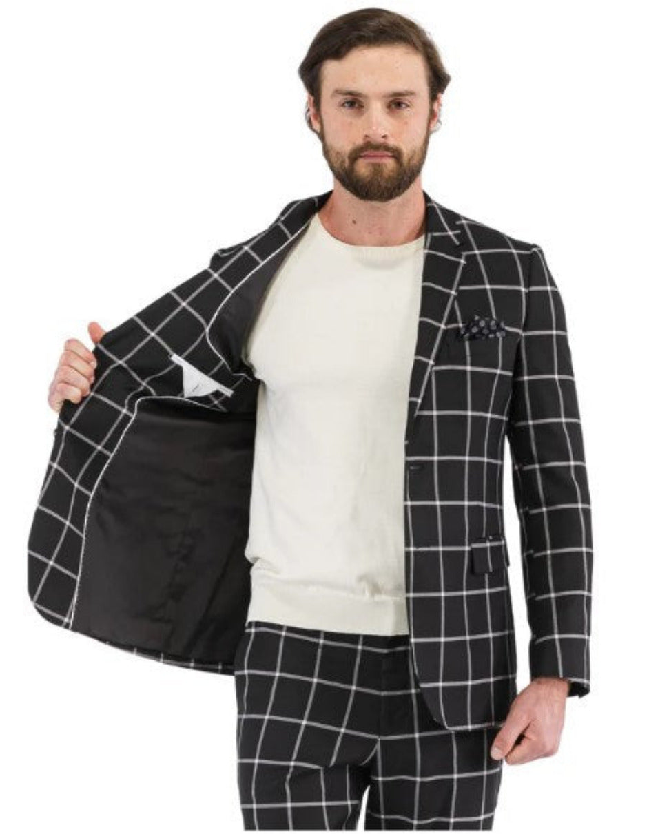 Mens Plaid Suits - Windowpane Pattern With Vest -Business Suit Black - Coat Size 38