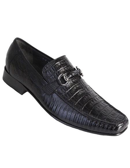 Los Altos Boots Men's Stylish Black Genuine Caiman Belly And Lizard Classic Slip-On Dress Shoes - US 8.0 Standard/D/ Medium / Eu:41-42