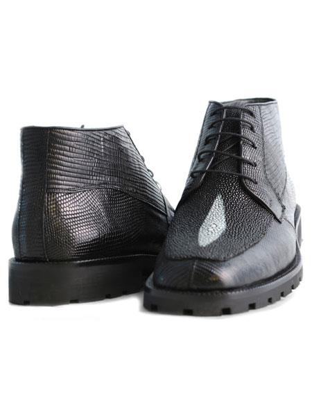 Los Altos Boots Men's Black Stylish Genuine Lizard & Stingray Mantarraya Skin Hornback Classic Dress Ankle Botas De Mantarraya - Mantarraya Boots - US 8.0 Standard/D/ Medium / Eu:41-42