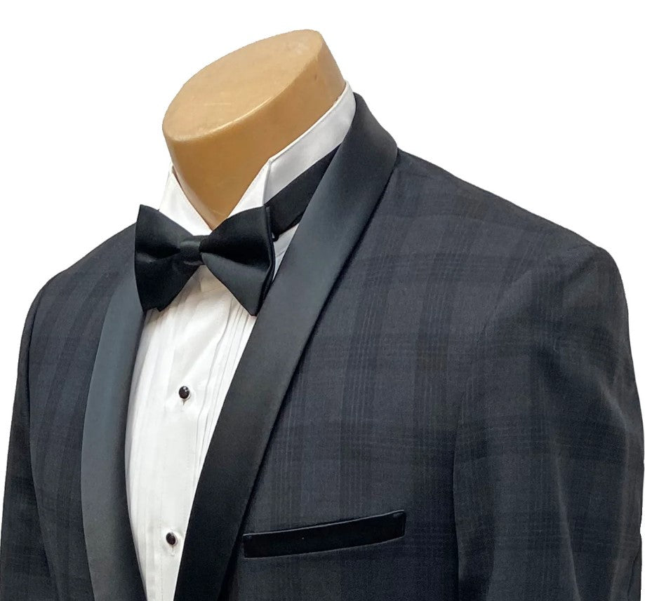 Mens Black Plaid Tuxedo Jacket Slim Fit Black with Grey Plaid Pattern Tuxedo - Coat Size 38