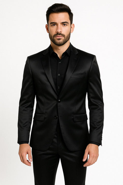 Black Satin Flex Two-Piece Suit â€“ Slim Fit Sport Coat and Matching Pants