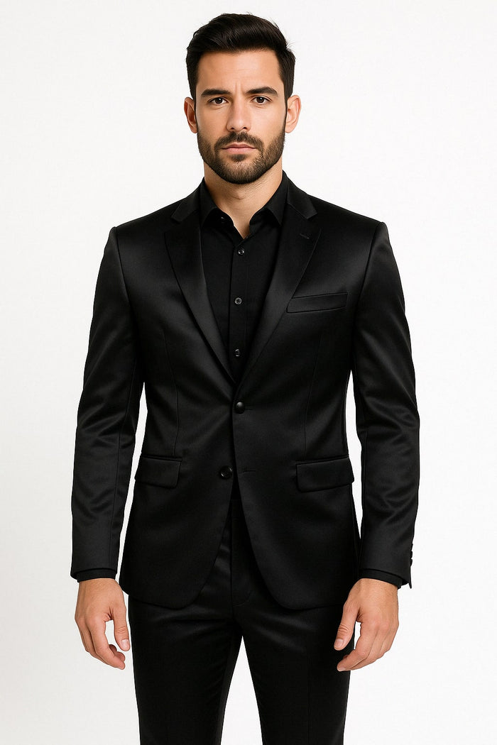 Black Satin Flex Two-Piece Suit â€“ Slim Fit Sport Coat and Matching Pants