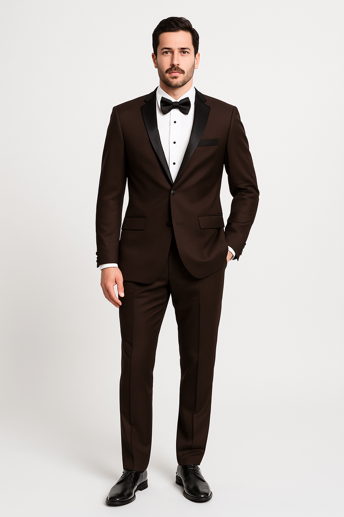 Mens Chocolate Brown Tuxedo with Black Satin Peak Lapel â€“ Formal Wedding and Prom Suit