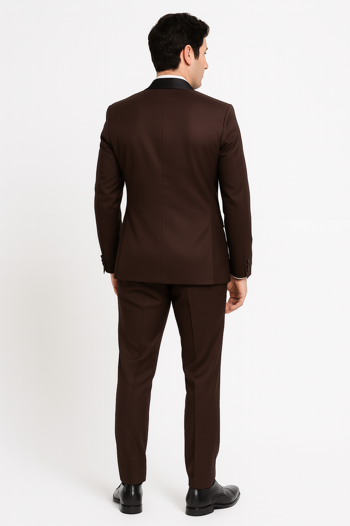 Mens Chocolate Brown Tuxedo with Black Satin Peak Lapel â€“ Formal Wedding and Prom Suit