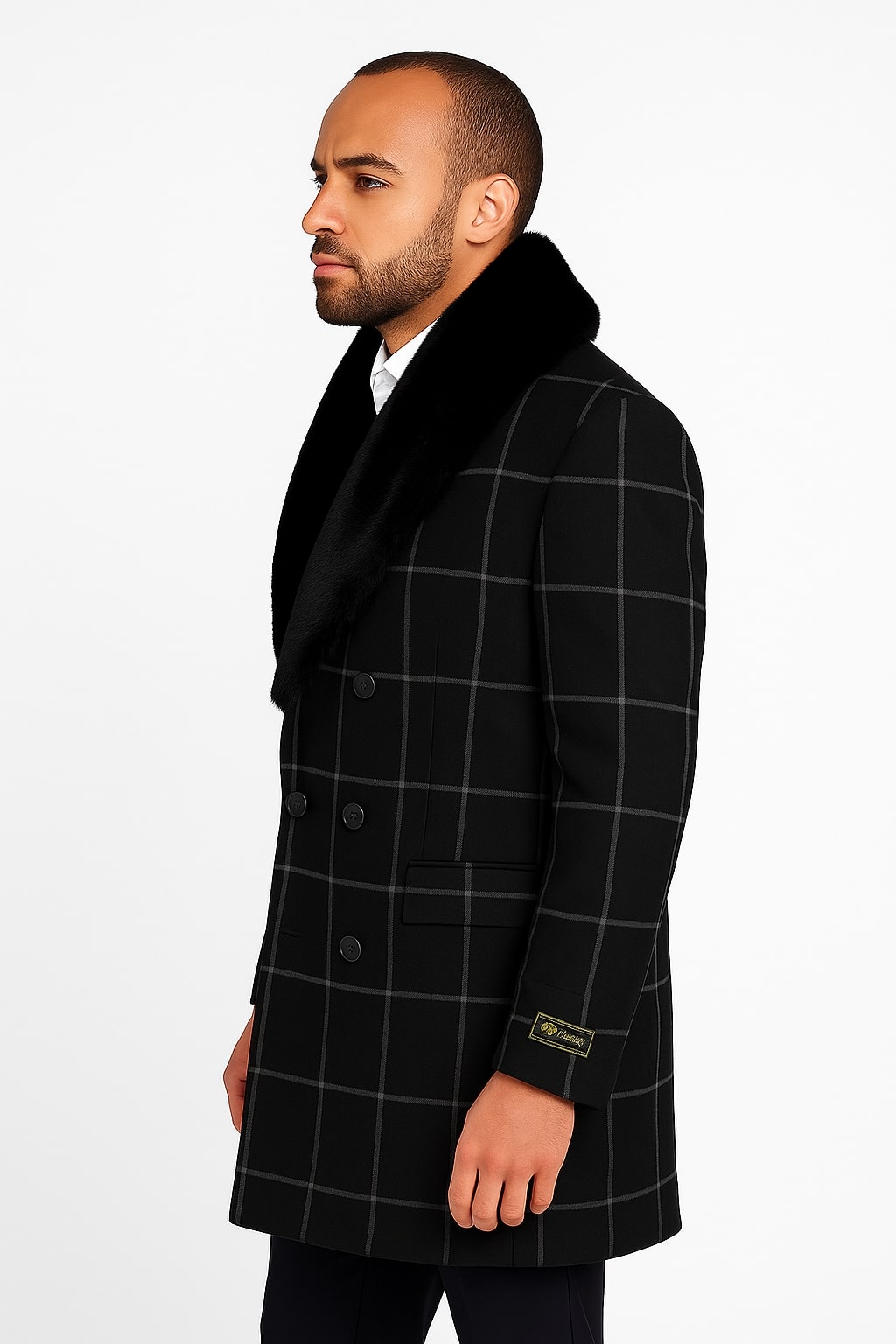 Mens Black Windowpane Wool Overcoat with Faux Fur Shawl Collar â€“ Double-Breasted Long Coat - Coat Size 38