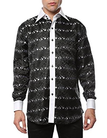 Black-White Shiny Satin Floral Spread Collar Paisley Dress Club Clubbing Clubwear Shirts Flashy Stage Colored Two Toned Woven Casual Men's Dress Shirt
