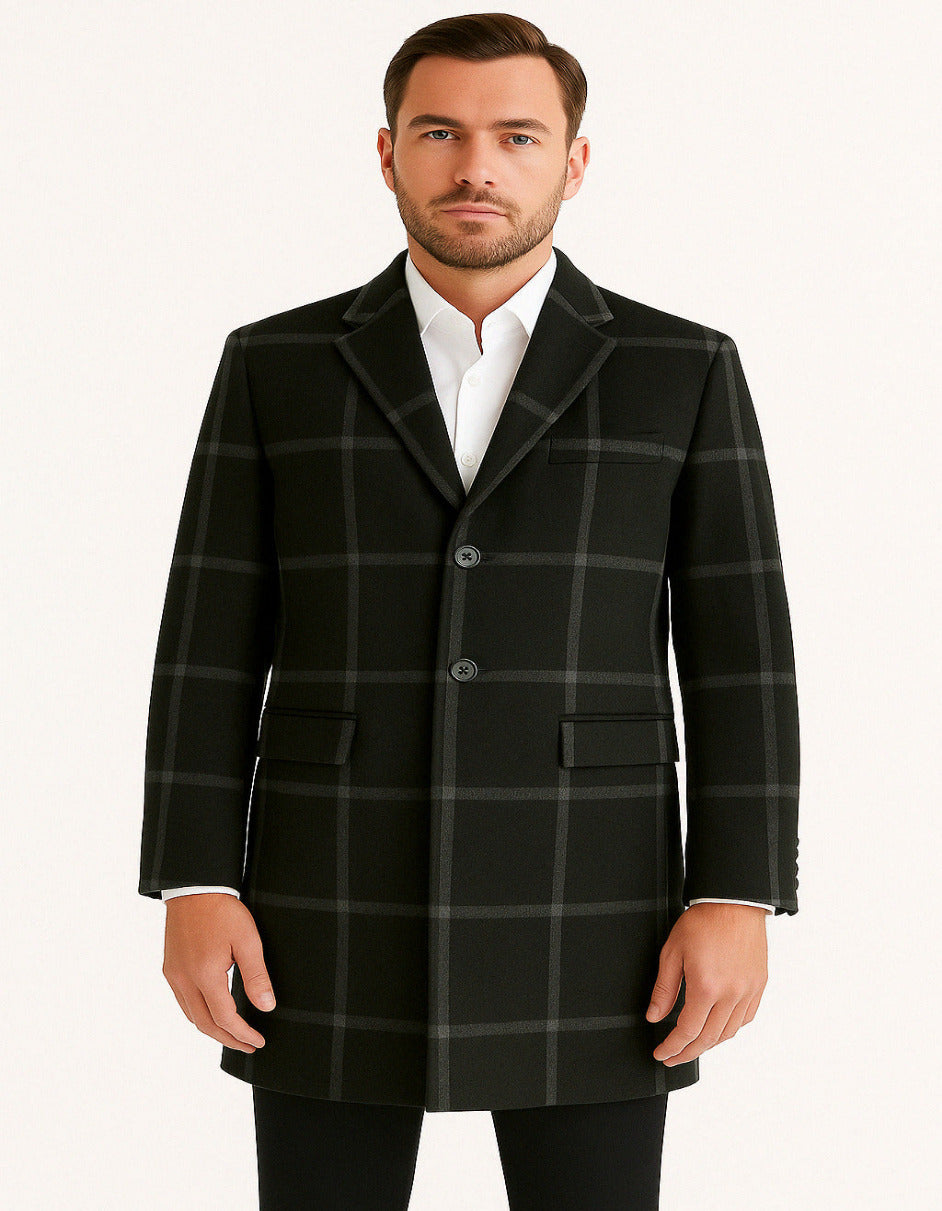 Mens Black Windowpane Wool Overcoat – Big Plaid Pattern Classic Checkered CarCoat - Coat Size 38