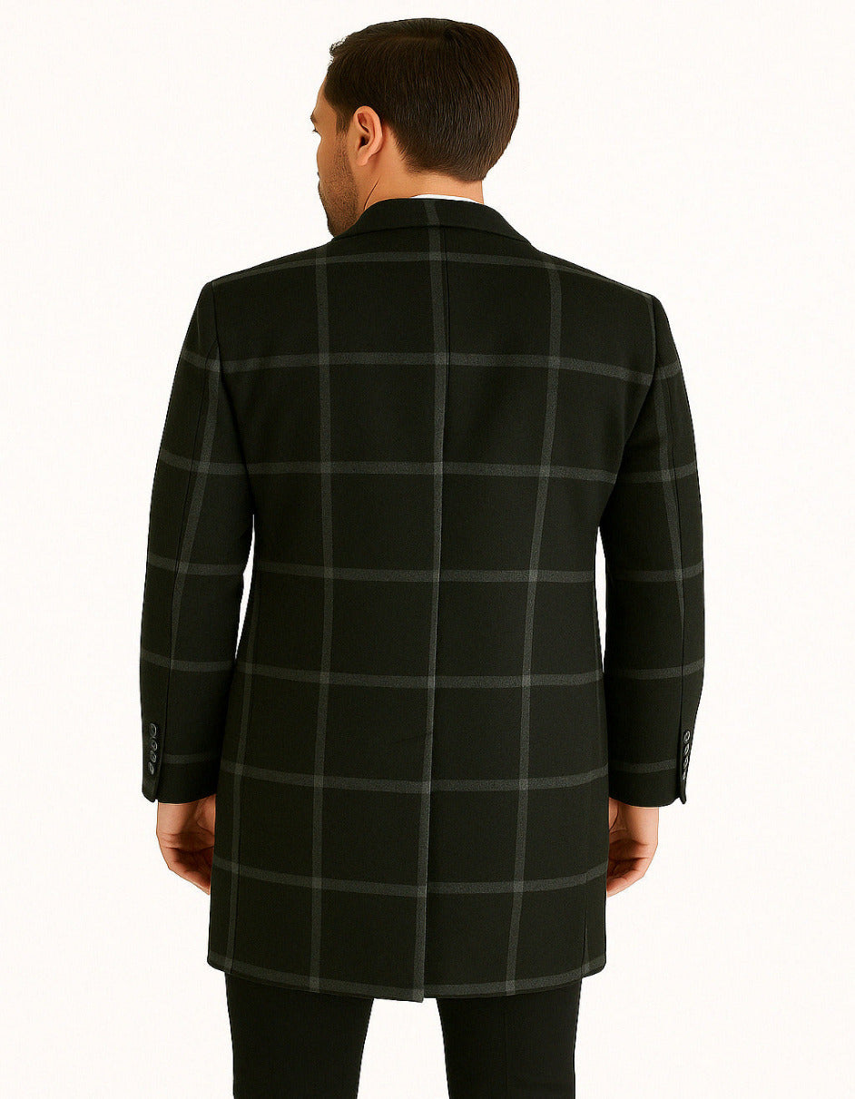 Mens Black Windowpane Wool Overcoat – Big Plaid Pattern Classic Checkered CarCoat - Coat Size 38
