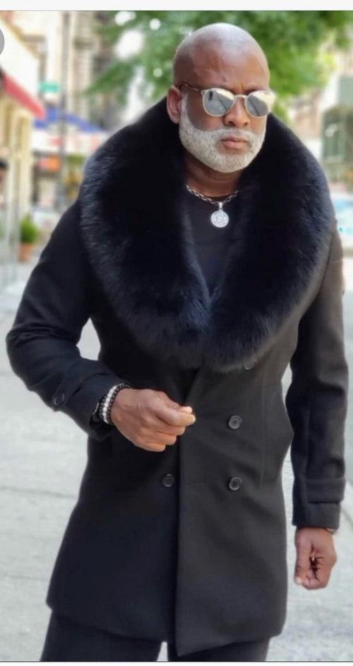 Mens Black Double-Breasted Overcoat with Oversized Faux Fur Collar â€“ Winter Luxury Coat