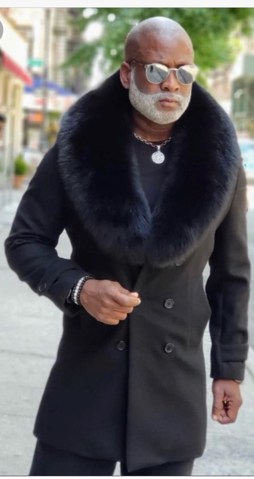 Mens Black Double-Breasted Overcoat with Oversized Faux Fur Collar â€“ Winter Luxury Coat - Coat Size 38