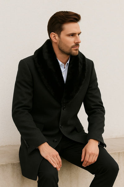 Mens Black Wool Overcoat with Black Faux Fur Collar â€“ Luxury Winter Dress Coat