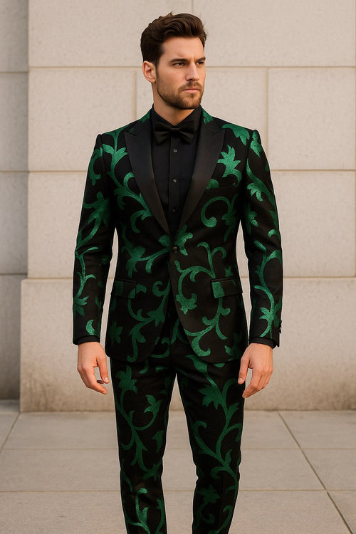 Mens Black and Emerald Green Velvet Floral Tuxedo Suit Slim Fit 2 Piece Formalwear for Weddings and Events Slim Fitted