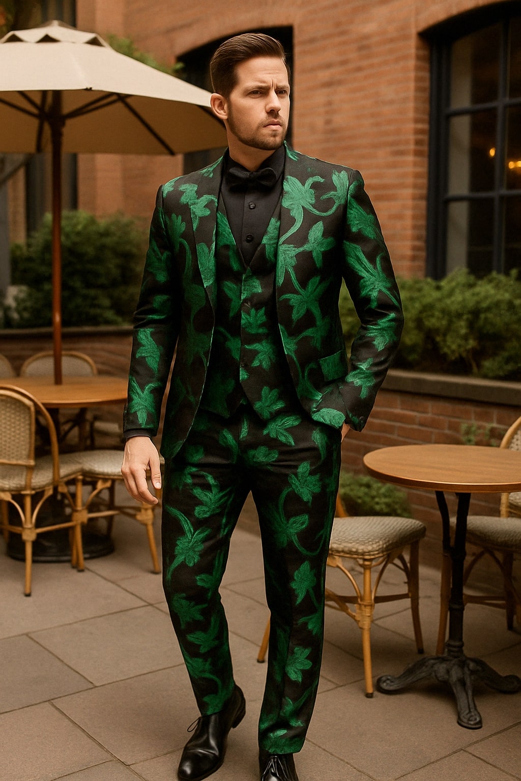 Mens Black and Emerald Green Velvet Floral Tuxedo Suit – Slim Fit 2 Piece Formalwear for Weddings and Events Slim Fitted - 34 Short or Extra Small