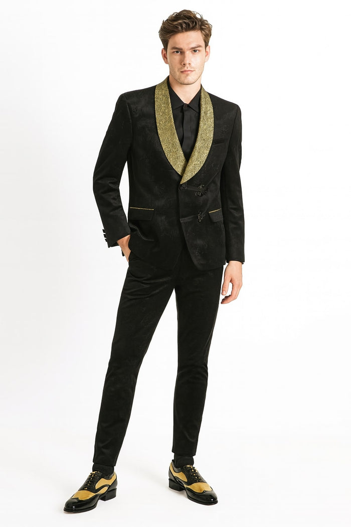 Mens Black and Gold Jacquard Tuxedo Blazer Luxury Shawl Collar Wedding and Party Smoking Jacket