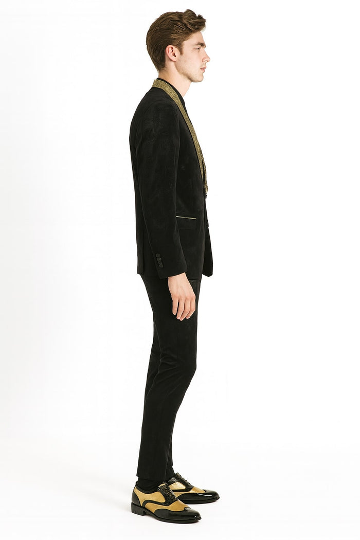 Mens Black and Gold Jacquard Tuxedo Blazer Luxury Shawl Collar Wedding and Party Smoking Jacket