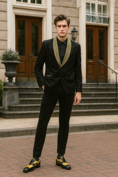 Mens Black and Gold Jacquard Tuxedo Blazer Luxury Shawl Collar Wedding and Party Smoking Jacket