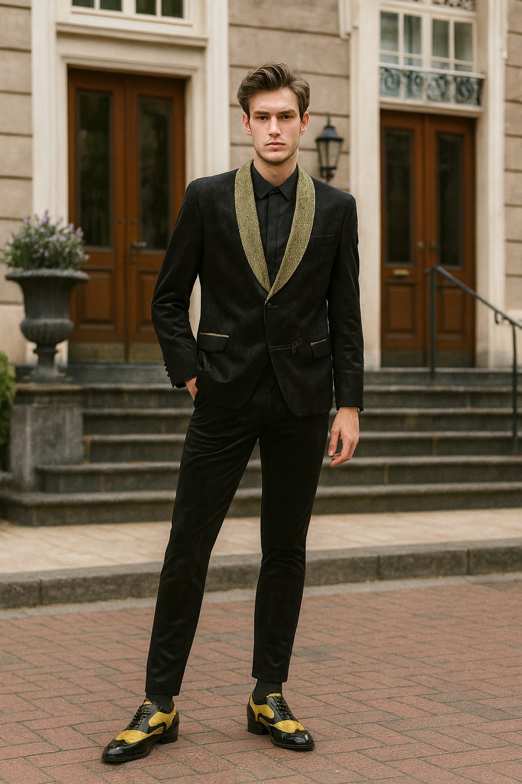 Mens Black and Gold Jacquard Tuxedo Blazer – Luxury Shawl Collar Wedding and Party Smoking Jacket - Default Title