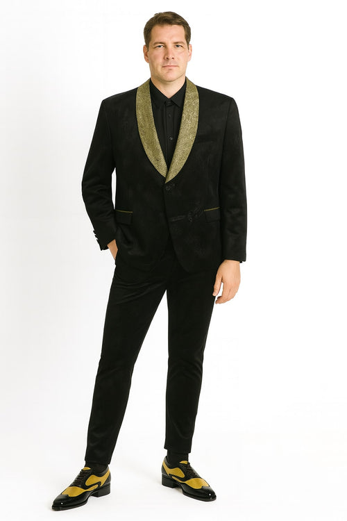 Mens Black and Gold Jacquard Tuxedo Blazer Luxury Shawl Collar Wedding and Party Smoking Jacket