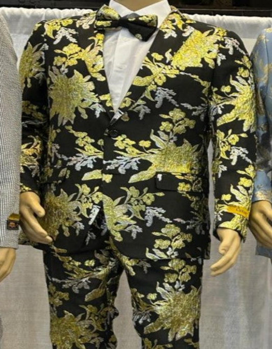 Black and Gold and Sliver Prom 2025 Suit - Paisley Floral Tuxedo Suit With Matching Bowtie - Paisley Pattern