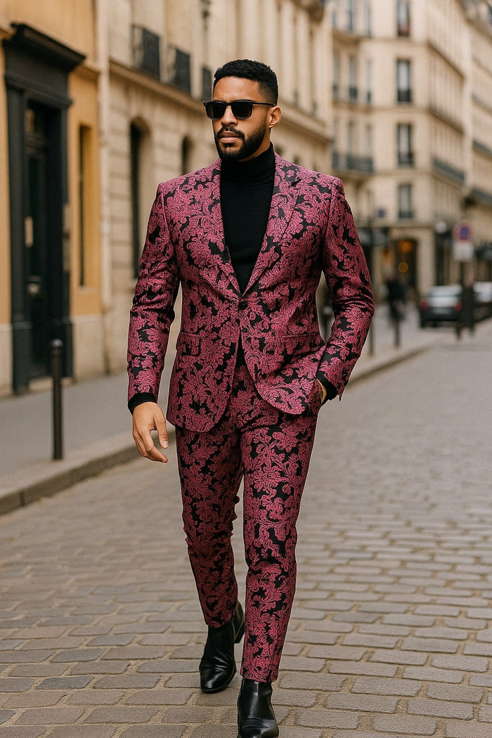 Mens Black and Pink Floral Tuxedo Suit Magento Fucia Plumish Color Slim Fit 2 Piece Embroidered Outfit for Weddings, Prom and Formal Events