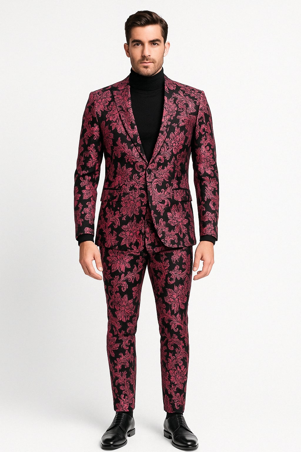Mens Black and Pink Floral Tuxedo Suit Magento Fucia Plumish Color Slim Fit 2 Piece Embroidered Outfit for Weddings, Prom and Formal Events
