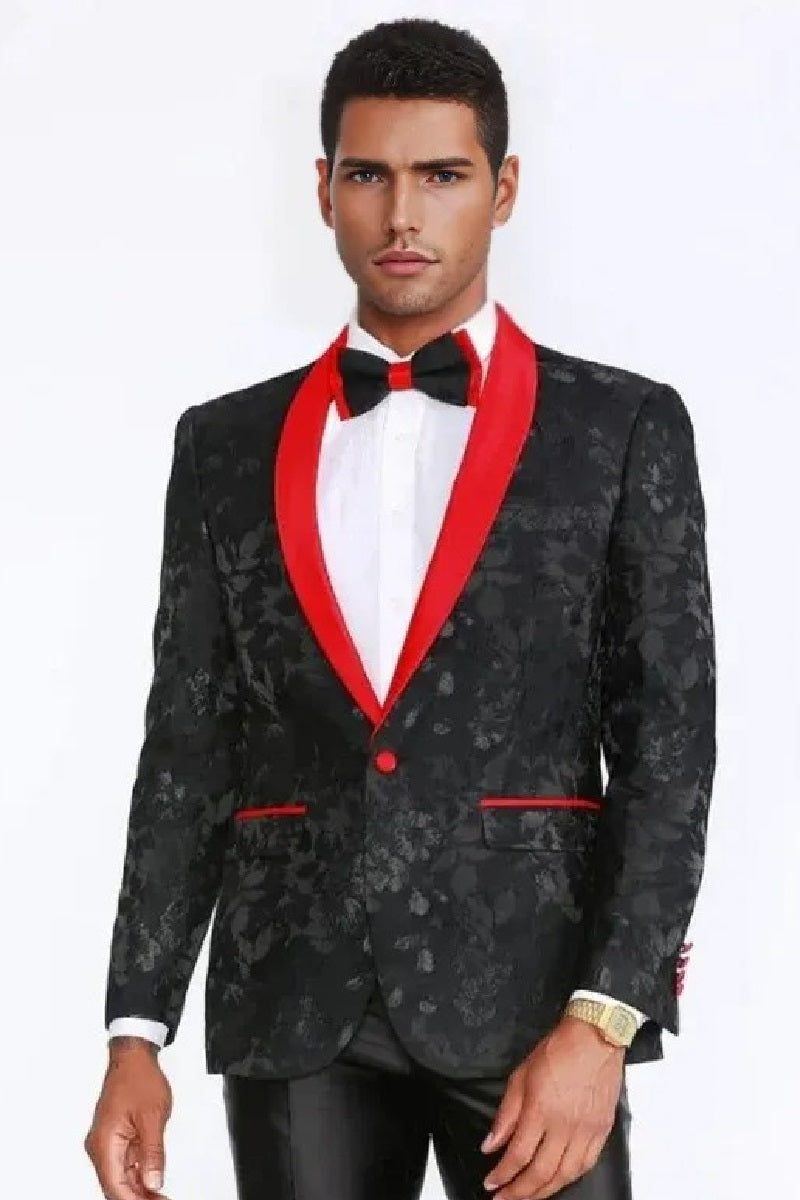 Black and Red Tuxedo Jacket Floral Pattern Slim Fit - Wedding - Prom 2025 - 34 Short or Extra Small