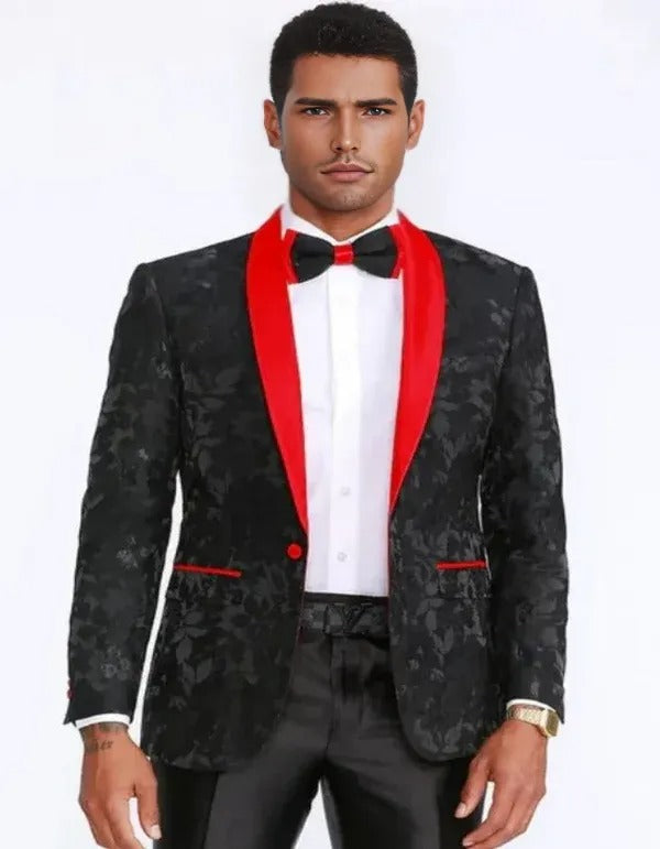 Black and Red Tuxedo Jacket Floral Pattern Slim Fit - Wedding - Prom 2025 - 34 Short or Extra Small