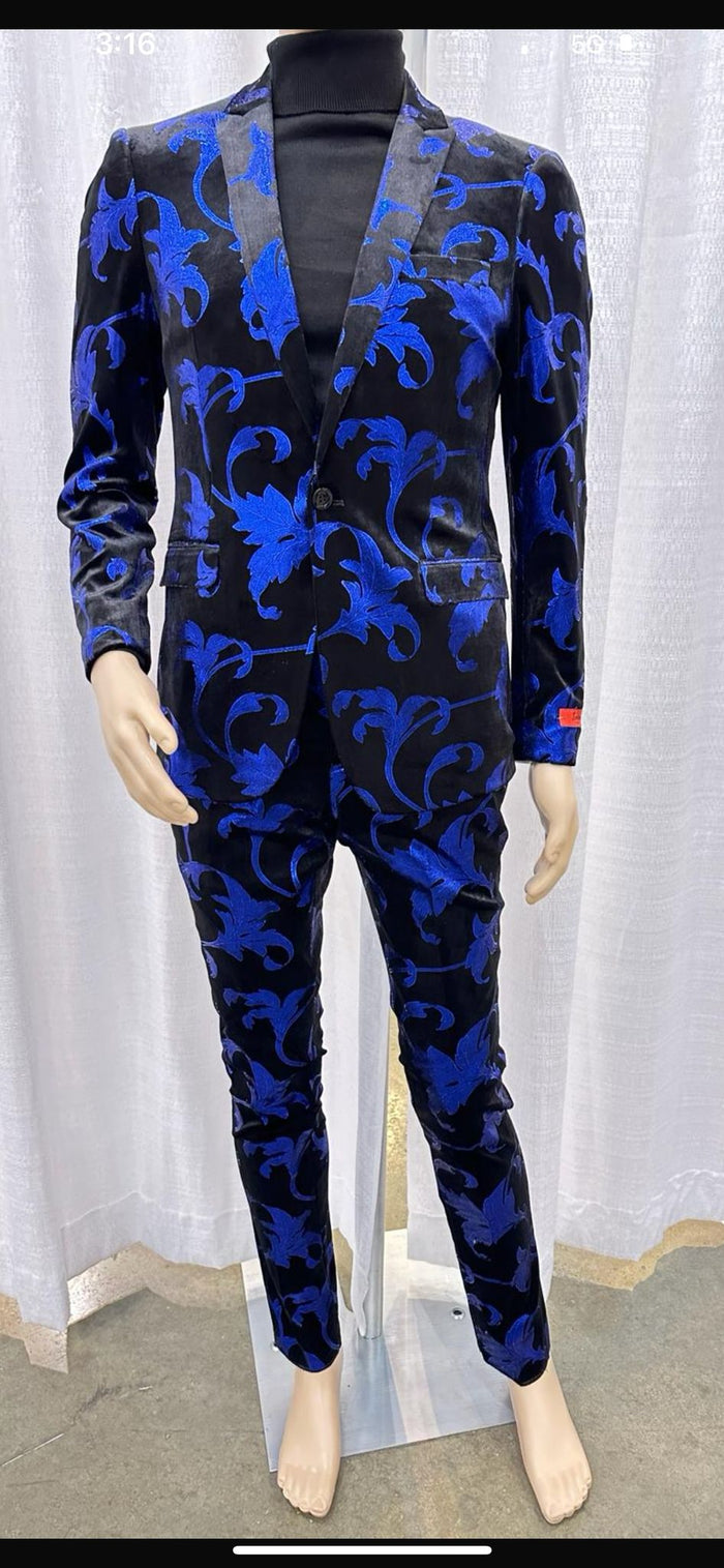 Mens Black and Royal Blue Floral Tuxedo Suit wSlim Fit 2 Piece Velvet Embroidered Outfit for Weddings, Prom, and Formal Events