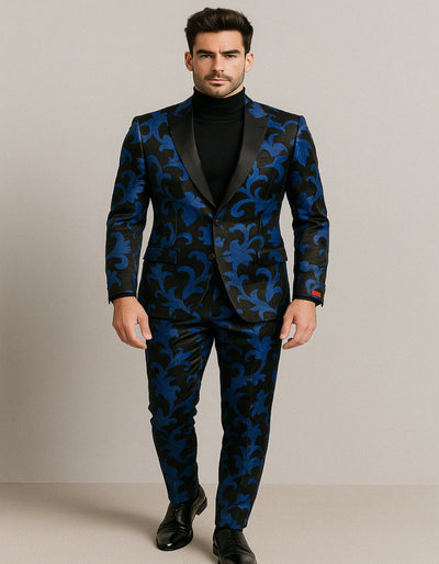 Mens Black and Royal Blue Floral Tuxedo Suit wSlim Fit 2 Piece Velvet Embroidered Outfit for Weddings, Prom, and Formal Events
