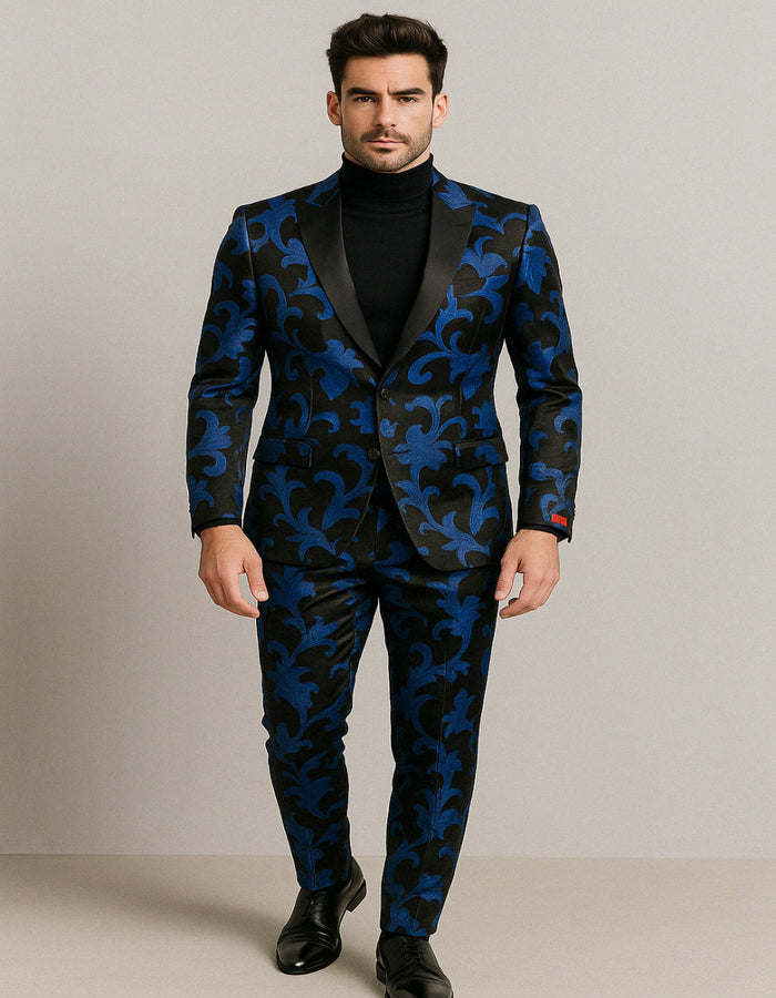 Mens Black and Royal Blue Floral Tuxedo Suit wSlim Fit 2 Piece Velvet Embroidered Outfit for Weddings, Prom, and Formal Events