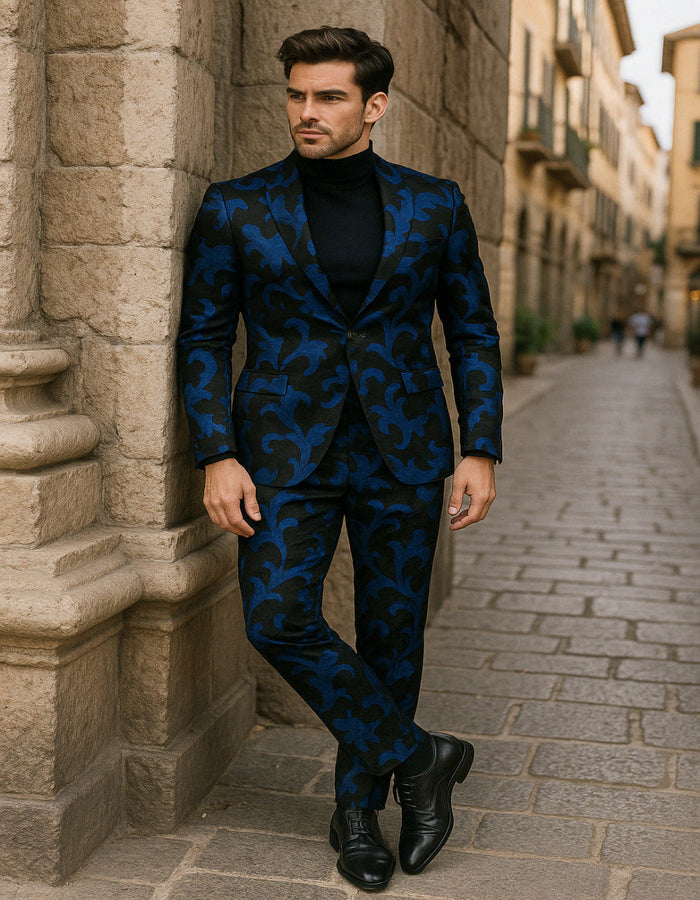 Mens Black and Royal Blue Floral Tuxedo Suit wSlim Fit 2 Piece Velvet Embroidered Outfit for Weddings, Prom, and Formal Events